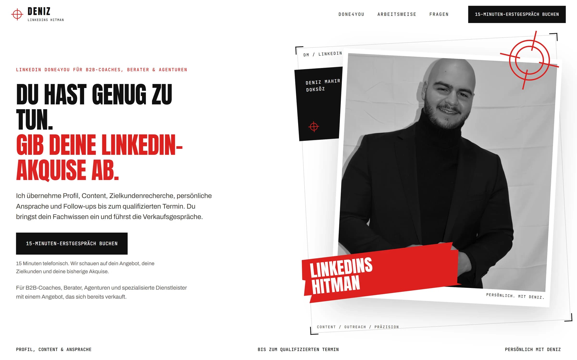 Die echte Landingpage von Deniz Mahir: markante rote Headlines und eine Schwarz-Weiß-Portraitkomposition.