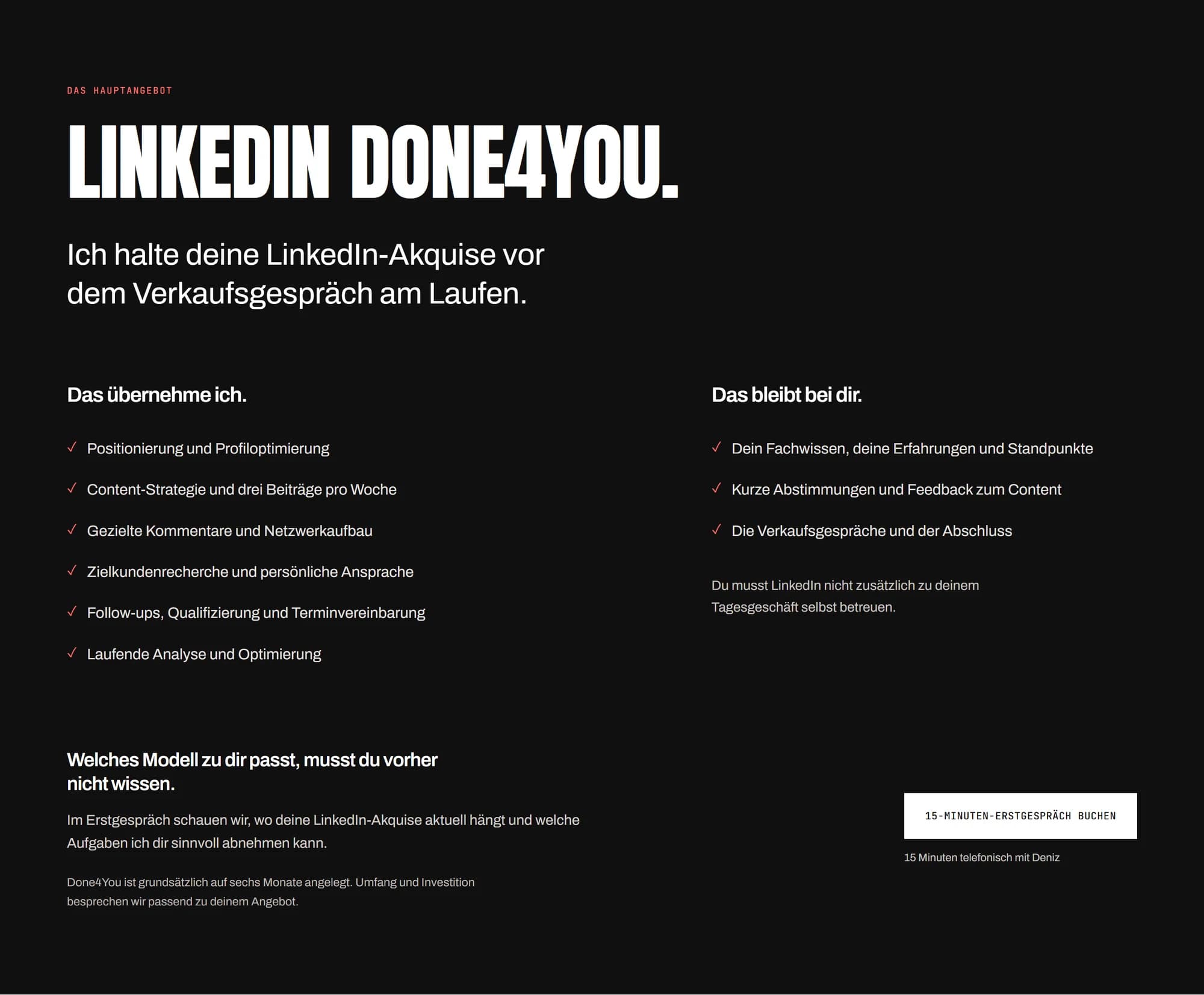 Deniz’ Done4You-Angebot: Leistungsumfang und Einladung zum Erstgespräch.