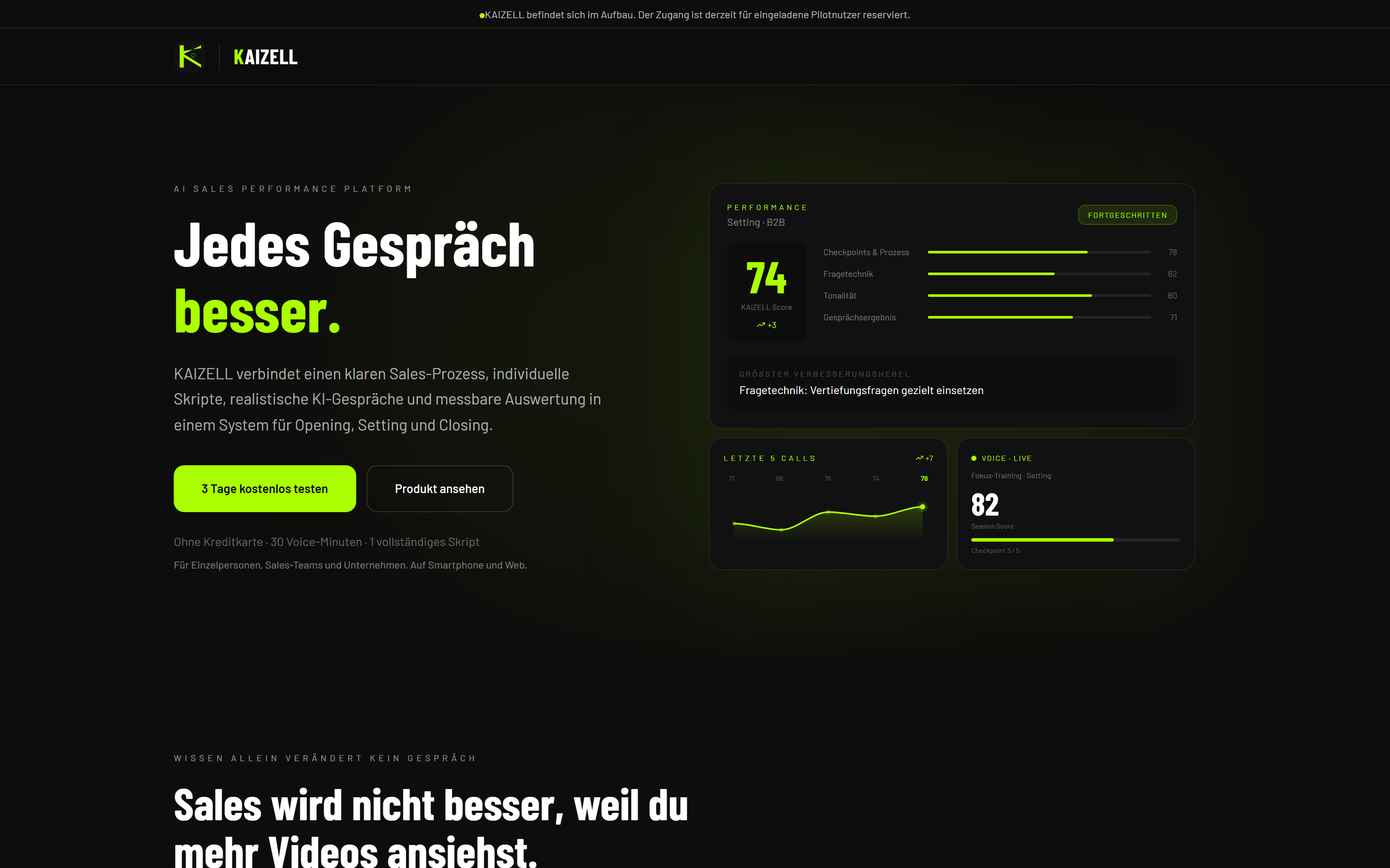 KAIZELL landing page in black and lime with a product interface for sales performance.