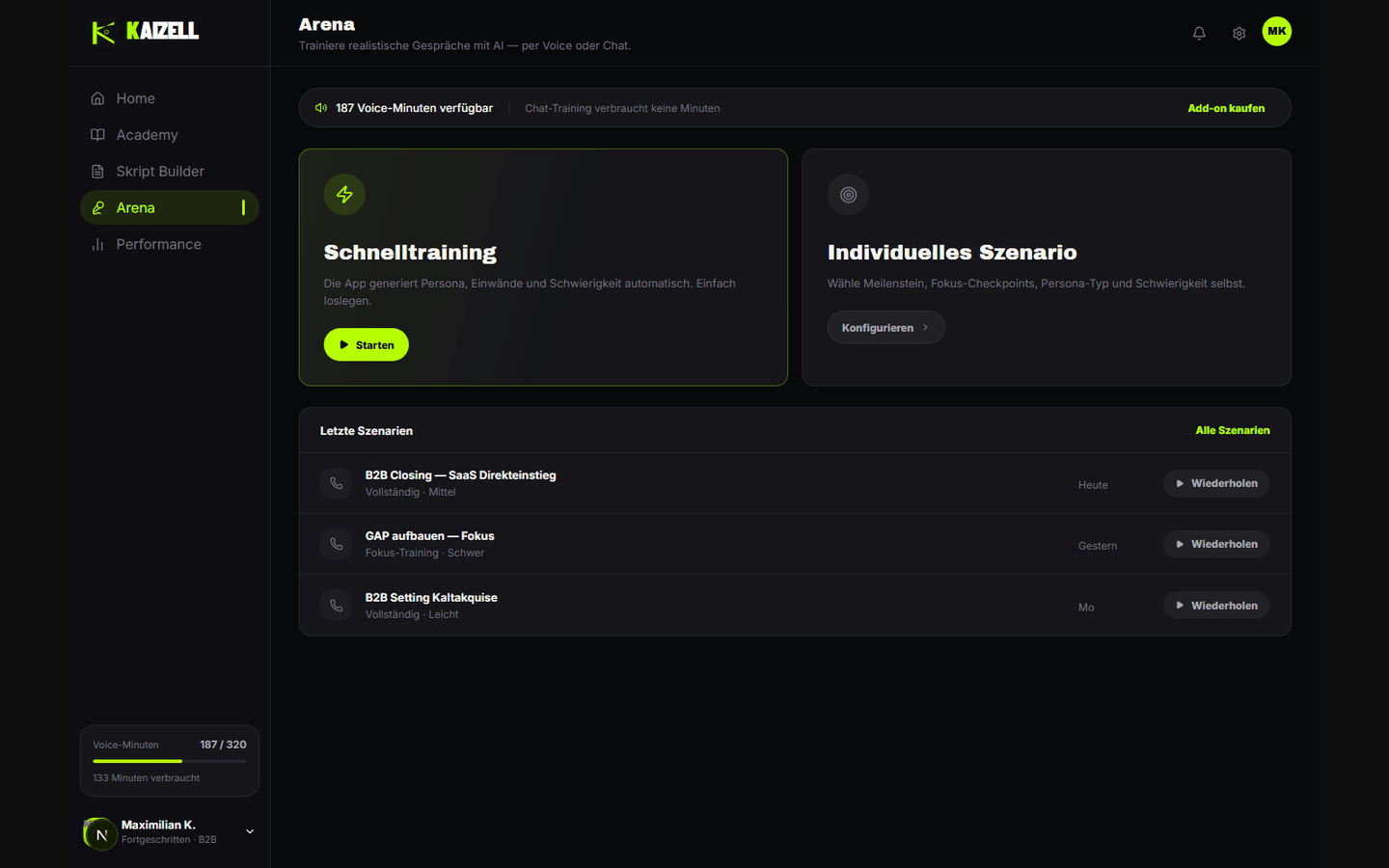 KAIZELL Voice Arena with a realistic AI training conversation.