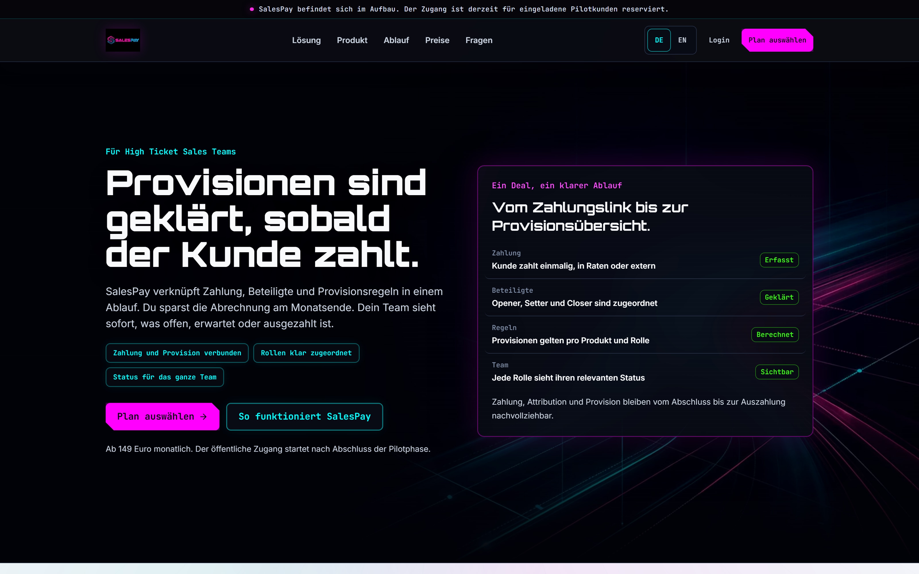 SalesPay landing page with a bright brand canvas and a dark product interface for payment and commission workflows.