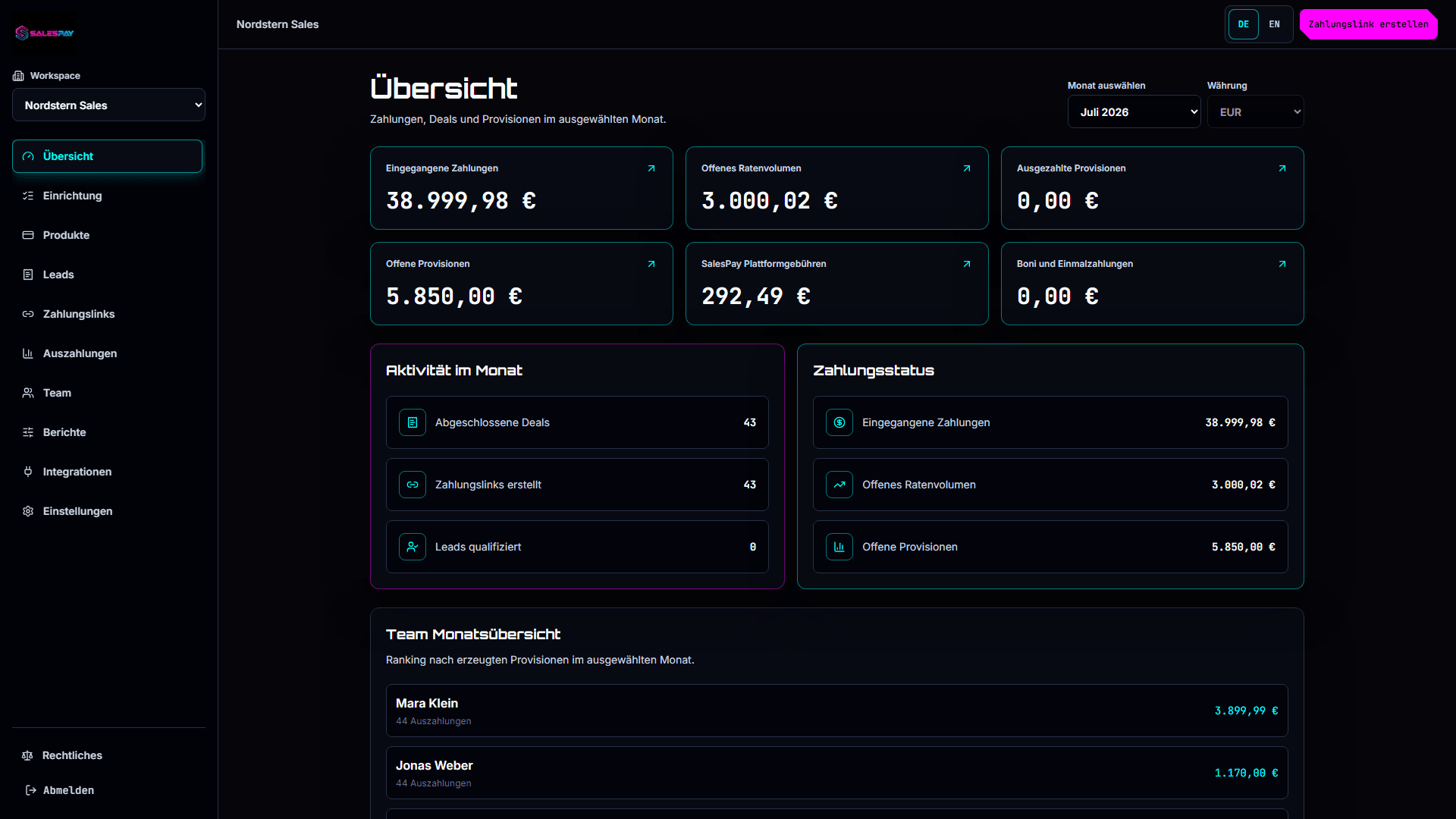 SalesPay dashboard with payment and commission overview.