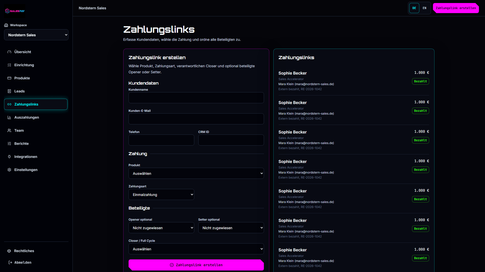 SalesPay product interface for payment links and commission workflows.