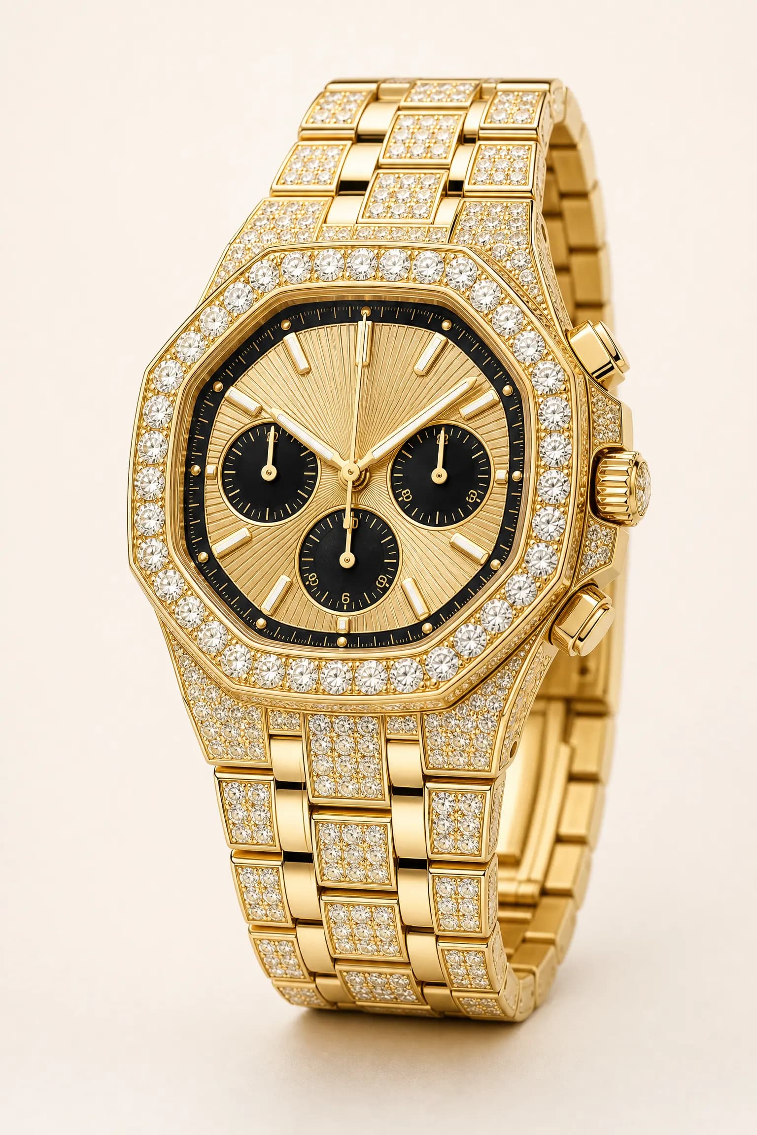 Goldene HELIODOR Armbanduhr mit schwarzem Zifferblatt in einer luxuriösen Lichtinszenierung