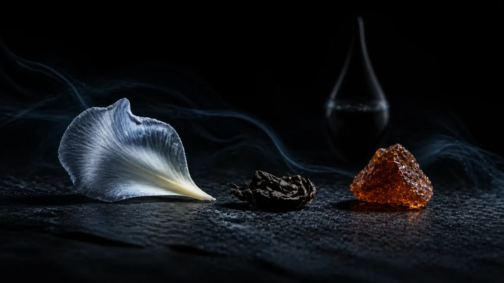 Iris Pallida, schwarzer Tee und Benzoeharz auf dunklem Stein