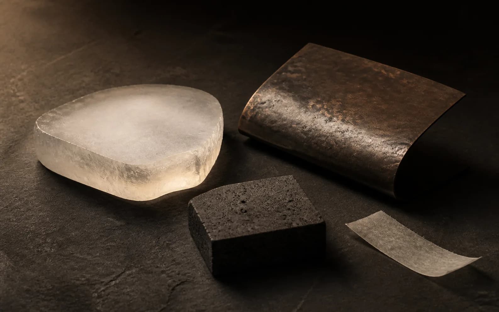 Opalglas, patinierte Bronze, dunkler Travertin und Vellum als Materialstudie