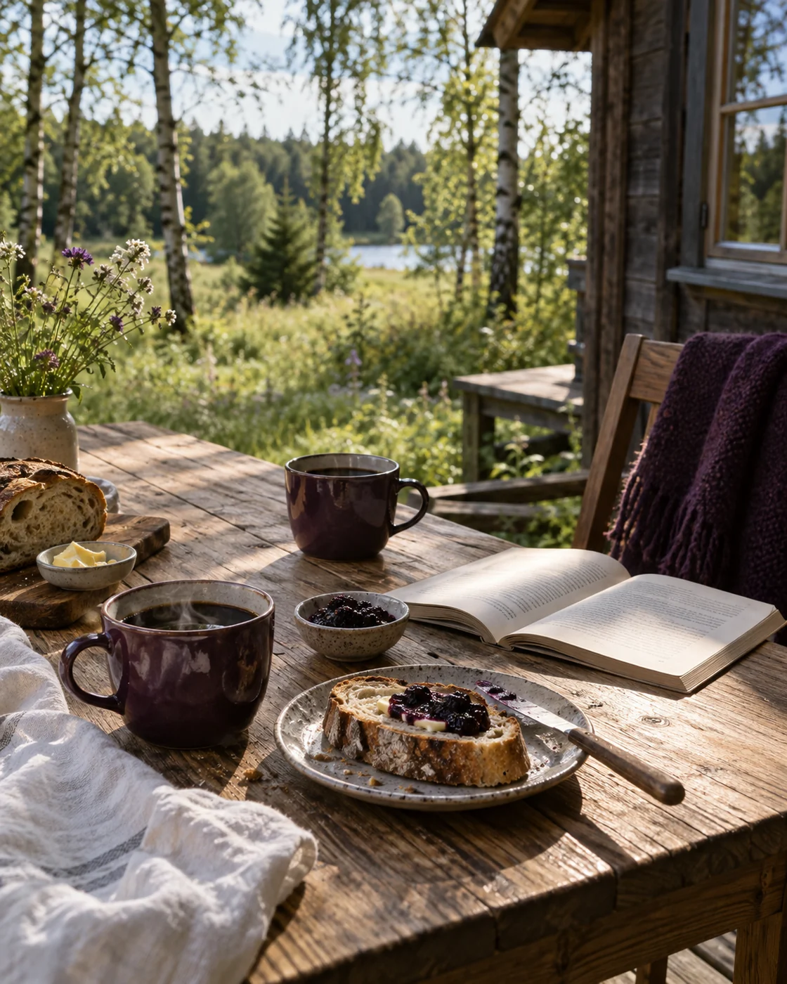 Frühstück und ein aufgeschlagenes Buch auf der Holzterrasse