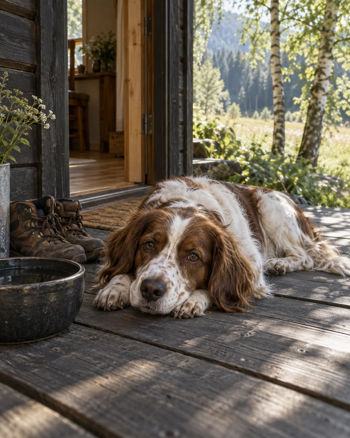 Entspannter Hund auf der Holzterrasse eines Ferienhauses