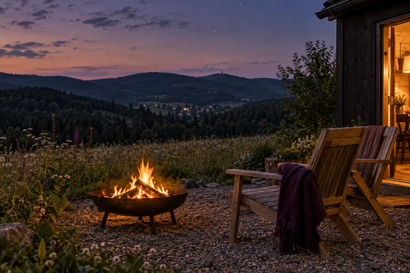 Gemütliches Feuer vor einem Holzhaus unter einem violetten Abendhimmel