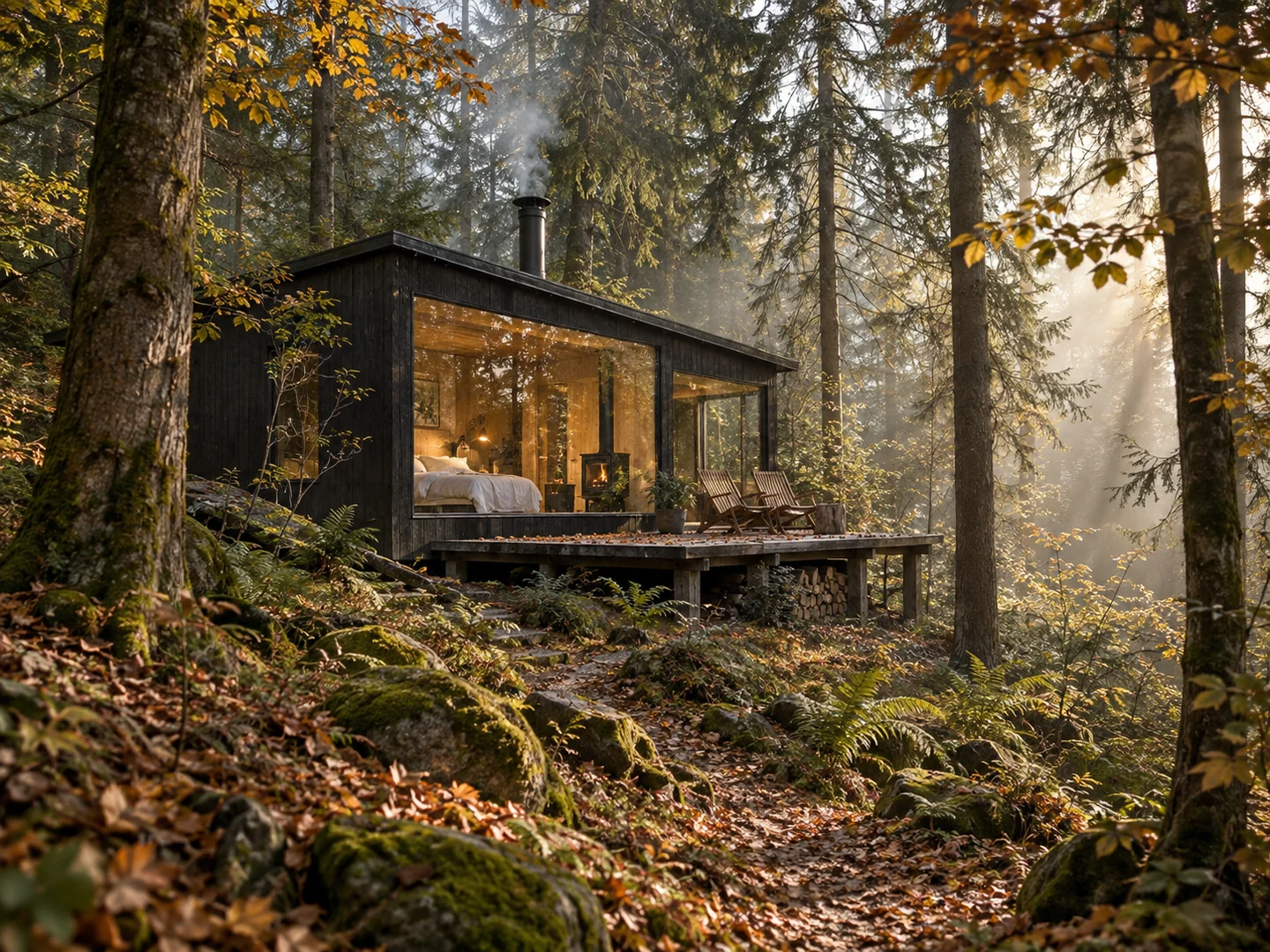Kleines Holzhaus mit gemütlichem Licht zwischen hohen Bäumen im herbstlichen Wald