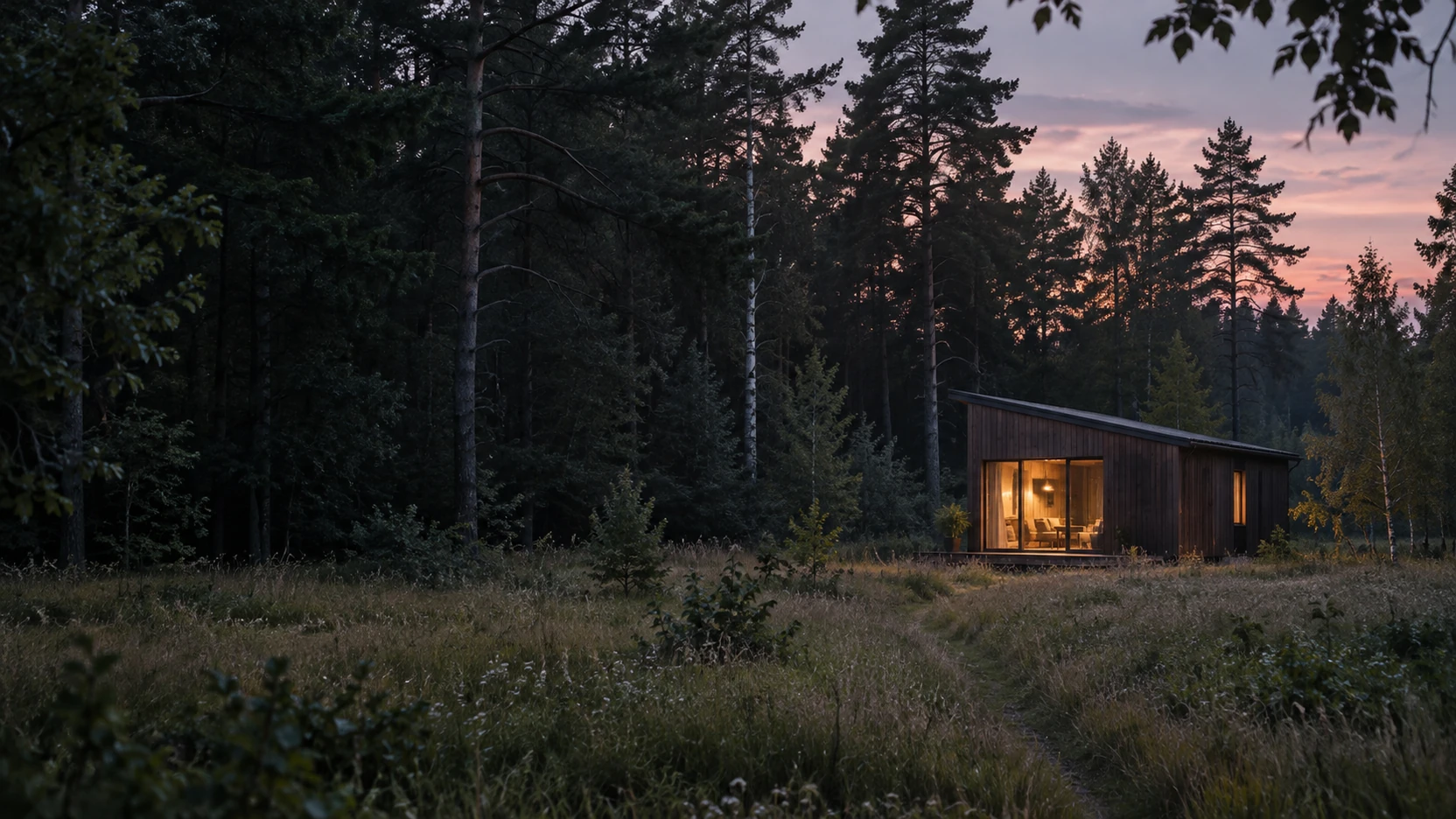 Ein kleines, warm beleuchtetes Holzhaus am Waldrand in der Abenddämmerung