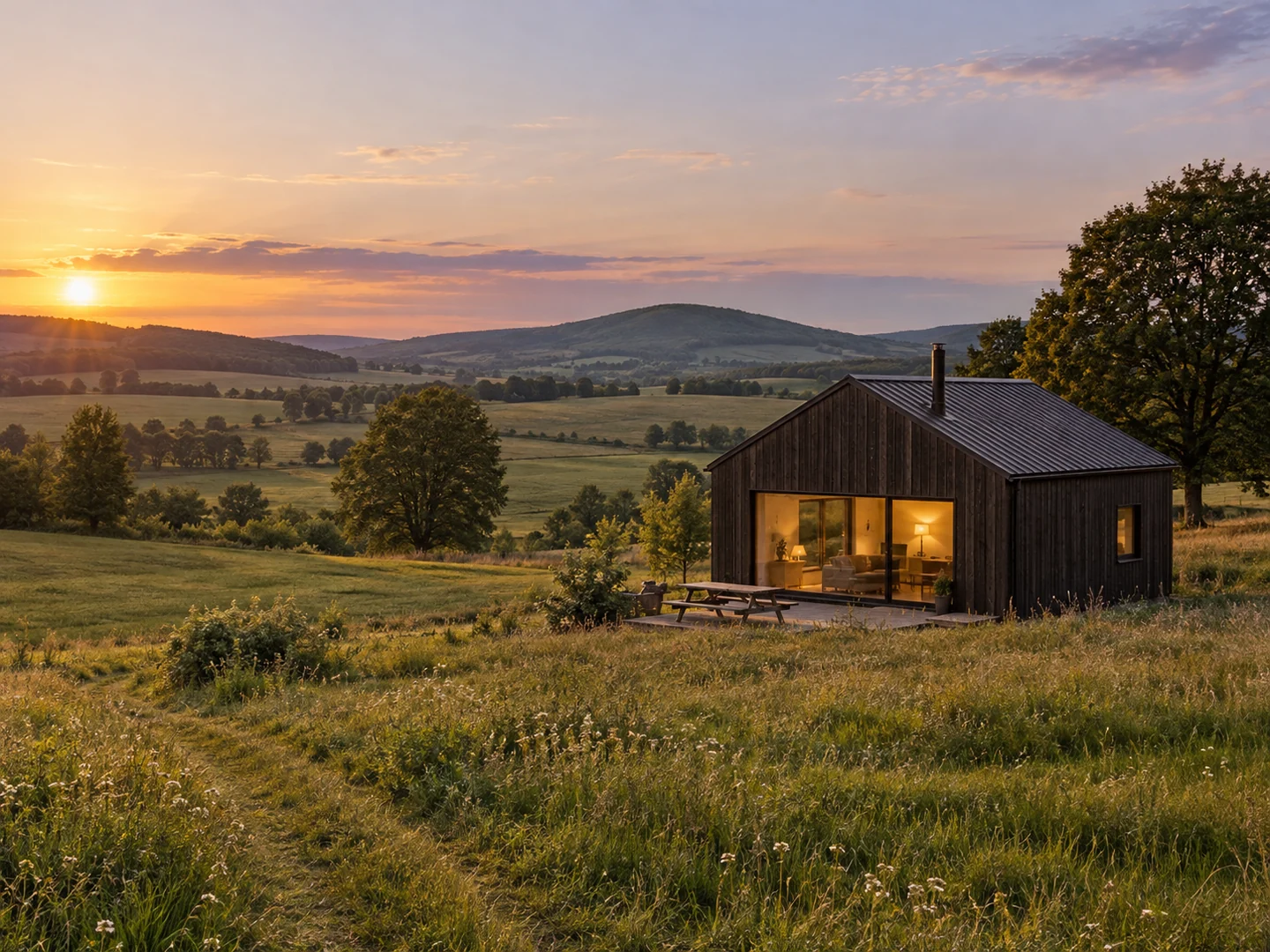 Dunkles Ferienhaus mit Terrasse auf einer Wiese über den sanften Hügeln der Rhön