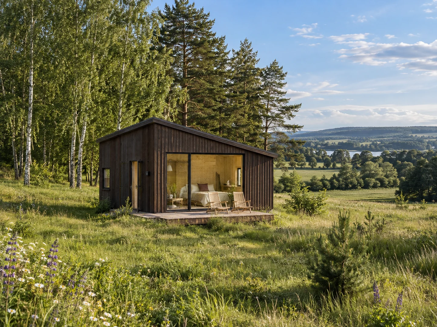 Dunkles Holzhaus mit Panoramafenster in einer grünen Wiese zwischen Birken